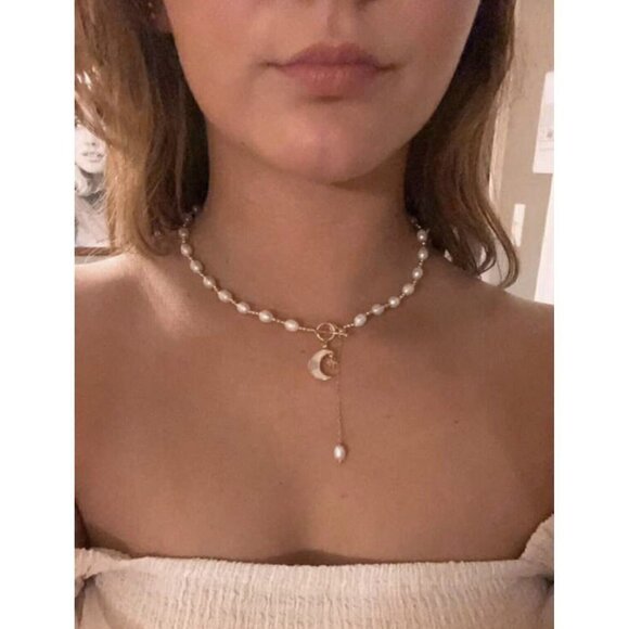Cultured Pearl Moon Star Charm Necklace OT Buckle White Chain Real Natural - Picture 3 of 10